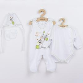 Set 4 piese: body cu maneca lunga, salopeta fara maneci, caciulita, manusi, marime 56, din bumbac 100%, new baby, snail