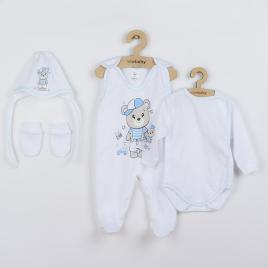 Set 4 piese: body cu maneca lunga, salopeta fara maneci, caciulita, manusi, marime 56, din bumbac 100%, new baby, teddy bear