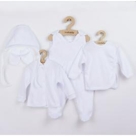 Set 5 piese, salopeta fara maneci, jacheta, bluza, caciulita, manusi, marime 56, din bumbac 100%, new baby, white