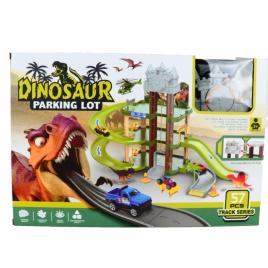 Jucarie dinozaur loc de parcare, 57 piese, pista, 40 cm, multicolor