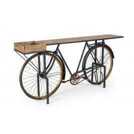 Consola model bicicleta din fier negru auriu si lemn maro 183 cm x 35 cm x 86 h