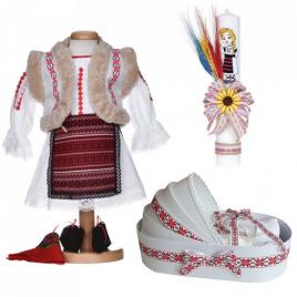 Set costum national fata, trusou botez landou si lumanare, decor traditional,