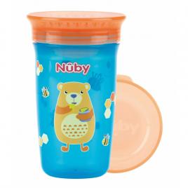 Nuby - cana magica, 360°, cu supapa din silicon, cu capac, 300 ml, 6+ luni, albastru/portocaliu