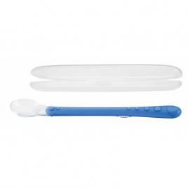 Nuby - lingura din silicon pentru bebelusi, carcasa pentru depozitare, lungime maner 13 cm, 6+ luni, albastru