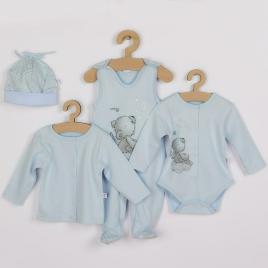 Set 4 piese, salopeta fara maneci, jacheta, body cu maneca lunga, caciulita, marime 56, din bumbac 100%, new baby, angel blue