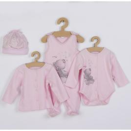 Set 4 piese, salopeta fara maneci, jacheta, body cu maneca lunga, caciulita, marime 56, din bumbac 100%, new baby, angel pink