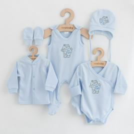 Set 5 piese, salopeta fara maneci, jacheta, body cu maneca lunga, caciulita, manusi, marime 50, din bumbac 100%, new baby, classic blue