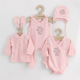 Set 5 piese, salopeta fara maneci, jacheta, body cu maneca lunga, caciulita, manusi, marime 50, din bumbac 100%, new baby, classic pink