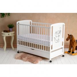 Qmini - patut din lemn timmi elephant 120x60 cm, cu sertar, din lemn de pin si mdf, stabil si rezistent, inaltime saltea reglabila pe 3 nivele, laterala cu 3 bete detasabile, en716-1, en716-2, alb + saltea 8 cm