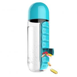 Sticla de apa cu organizator pentru pastile, 600ml, albastru