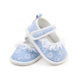 Pantofiori bleu cu floricele brodate (marime disponibila: 3-6 luni (marimea 18