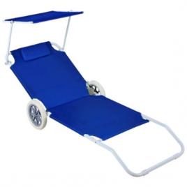 Sezlong de plaja, 2 in 1, cu roti, parasolar, albastru, max 120 kg, 145x62x61 cm