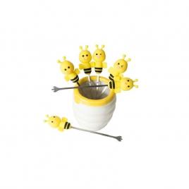 Set 6 furculițe metalice in forma de albinute din silicon, cu vas, gonga® galben