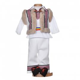 Costum popular pentru botez baietel, 5 piese, alb cu broderie rosie, denikos®