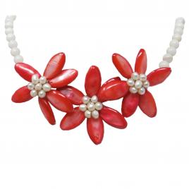 Colier cu Flori din Sidef, perle, alb / rosu, 51 cm, realizat manual