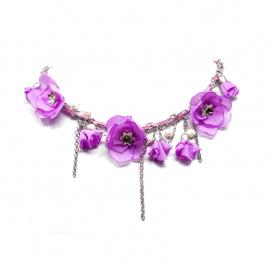 Colier elegant cu flori din organza lant otel inoxidabil snur suede si perle realizat manual
