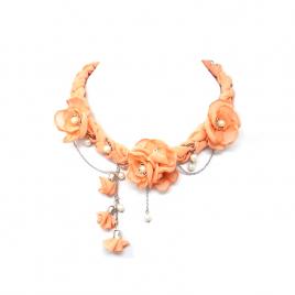 Colier elegant cu flori din organza lant otel inoxidabil si perle realizat 100% manual