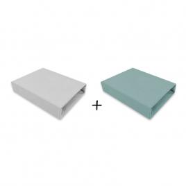 Qmini - set 2 cearceafuri cu elastic pentru patut leagan sau patut co-sleeper, 90x40 cm, din bumbac, material certificat oeko tex standard 100, grey and dark mint