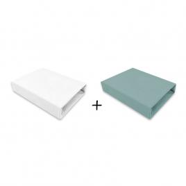 Qmini - set 2 cearceafuri cu elastic pentru patut leagan sau patut co-sleeper, 90x40 cm, din bumbac, material certificat oeko tex standard 100, white and dark mint