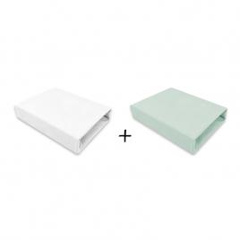 Qmini - set 2 cearceafuri cu elastic pentru patut leagan sau patut co-sleeper, 90x50 cm, din bumbac, material certificat oeko tex standard 100, white and cold mint