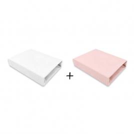 Qmini - set 2 cearceafuri cu elastic pentru patut leagan sau patut co-sleeper, 90x50 cm, din bumbac, material certificat oeko tex standard 100, white and powdery pink
