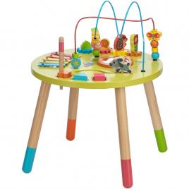 Masuta de activitati, din lemn, cu xilofon, sortator de forme, oglinda, inaltime 48 cm, free2play, multicolor