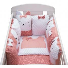 Set lenjerie patut 12 piese, cu 8 aparatori laterale, pernuta, paturica, husa pentru paturica, cearceaf pentru saltele 120x60 cm sau 140x70 cm, bubaba, sleep quardian pink