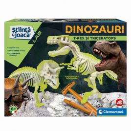 Set educativ stiinta si joaca clementoni - descopera dinozaurul t-rex & triceraptor fluorescent