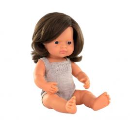 Papusa 38 cm, fetita europeana, imbracata in salopeta tricotata