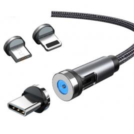 Cablu de incarcare magnetic 3 in 1 360 grade + 180 grade, 2 m, micro, type c, iphone,  5 v, 2.1 a, negru