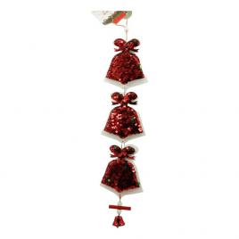 Ornament de brad trei clopotei cu paiete, flippy, rosu, lemn, 36 cm