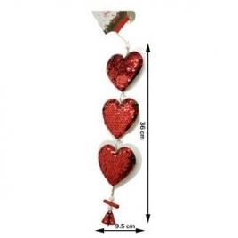 Ornament de brad trei inimi cu paiete, flippy, rosu, lemn, 36 cm