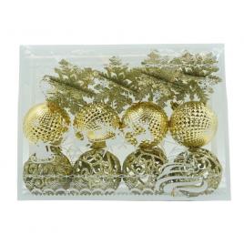 Set de 12 ornamente de brad, flippy, de tip glob, auriu, din plastic, cu finisaj sclipitor , cutie  6  cm adancime x 23  cm lungime x 18  cm inaltime