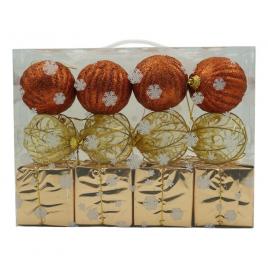 Set de 12 ornamente de brad, flippy, de tip glob, cupru/ auriu, din polistiren, cu finisaj sclipitor , cutie  6  cm adancime x 23  cm lungime x 18  cm inaltime