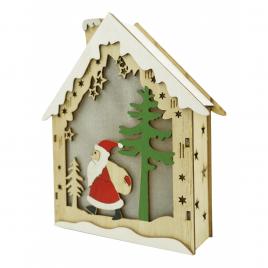 Decoratiune luminoasa, model de  casa cu mos craciun, maro, lungime: 18 cm, latime: 21 cm, inaltime: 5 cm, lemn, interior/exterior