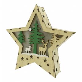 Decoratiune luminoasa, model de stea cu reni, maro, lungime: 18 cm, latime: 18 cm, inaltime: 4 cm, lemn, interior/exterior