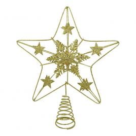 Varf decorativ de brad, auriu, in forma de stea, design de stele, din plastic/metal, 25 cm x 27 cm, interior/exterior, flippy