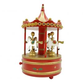 Cutiuta muzicala decorata de craciun, carusel rotativ, rosu, din lemn, interior, flippy