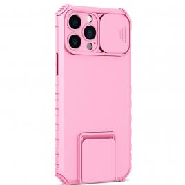 Husa defender cu stand pentru iphone 13 pro, roz, suport reglabil, antisoc, protectie glisanta pentru camera, flippy