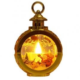 Decoratiune craciun tip felinare cu baterii, 13.5 x 9 cm,lumanare cu geam si inscriptie mos craciun cu sanie,lumina alb cald,baterii incluse,auriu