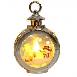 Decoratiune craciun tip felinare cu baterii, 13.5 x 9 cm,lumanare cu geam si inscriptie om de zapada,lumina alb cald,baterii incluse, argintiu