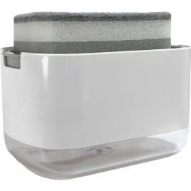 Dozator flippy, dispenser 2 in 1 pentru detergent lichid de vase sau pentru obiecte sanitare cu suport pentru burete de bucatarie , 8.6 x 14.5 x 10 cm, capacitate 300 ml, alb