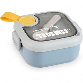 Caserola pentru copii flippy, lunch box, 750 ml, doua boluri, lingura, foarfeca din plastic, rezistenta la scurgeri, albastra