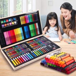 Set 180 piese pentru desen pentru copii sau adulti, creioane colorate, vopsele si markere, cu geanta de transport din lemn masiv, model avx-wt-art-10