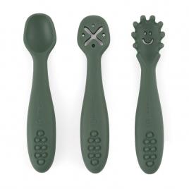 Petite&mars - set 3 lingurite, diverse forme, pentru supa, paste, alimente usoare, dezvolta simturile si abilitatile senzoriale, silicon, fara bpa, 6 luni+, verde