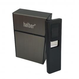 Tabachera halber® cu Bricheta Electrica 2 in 1, Negru, pentru pachet de tigari scurte