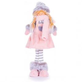 Decoratiune iarna, fata cu rochita, puf, roz si gri, 17x13x48 cm