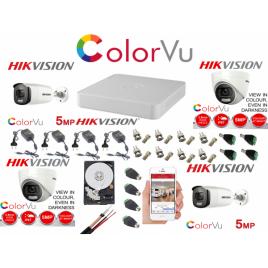 Kit supraveghere profesional mixt hikvision color vu 4 camere 5mp ir40m si ir20m dvr 4 canale full accesorii si hdd 1tb