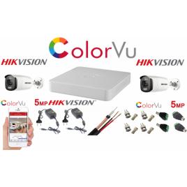 Sistem supraveghere profesional hikvision color vu 2 camere 5mp ir40m dvr 4 canale full accesorii