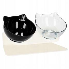Castron, bol, pentru caine, pisica, dublu, cu suport, plastic, alb si negru, model pisica, 2x13 cm